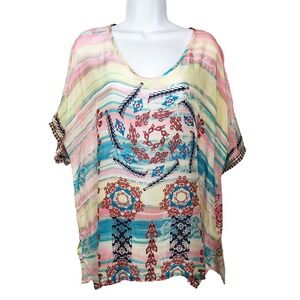 Johnny Was Blouse XS Multi Color Geometric Southwestern Cupra Rayon Boho Top